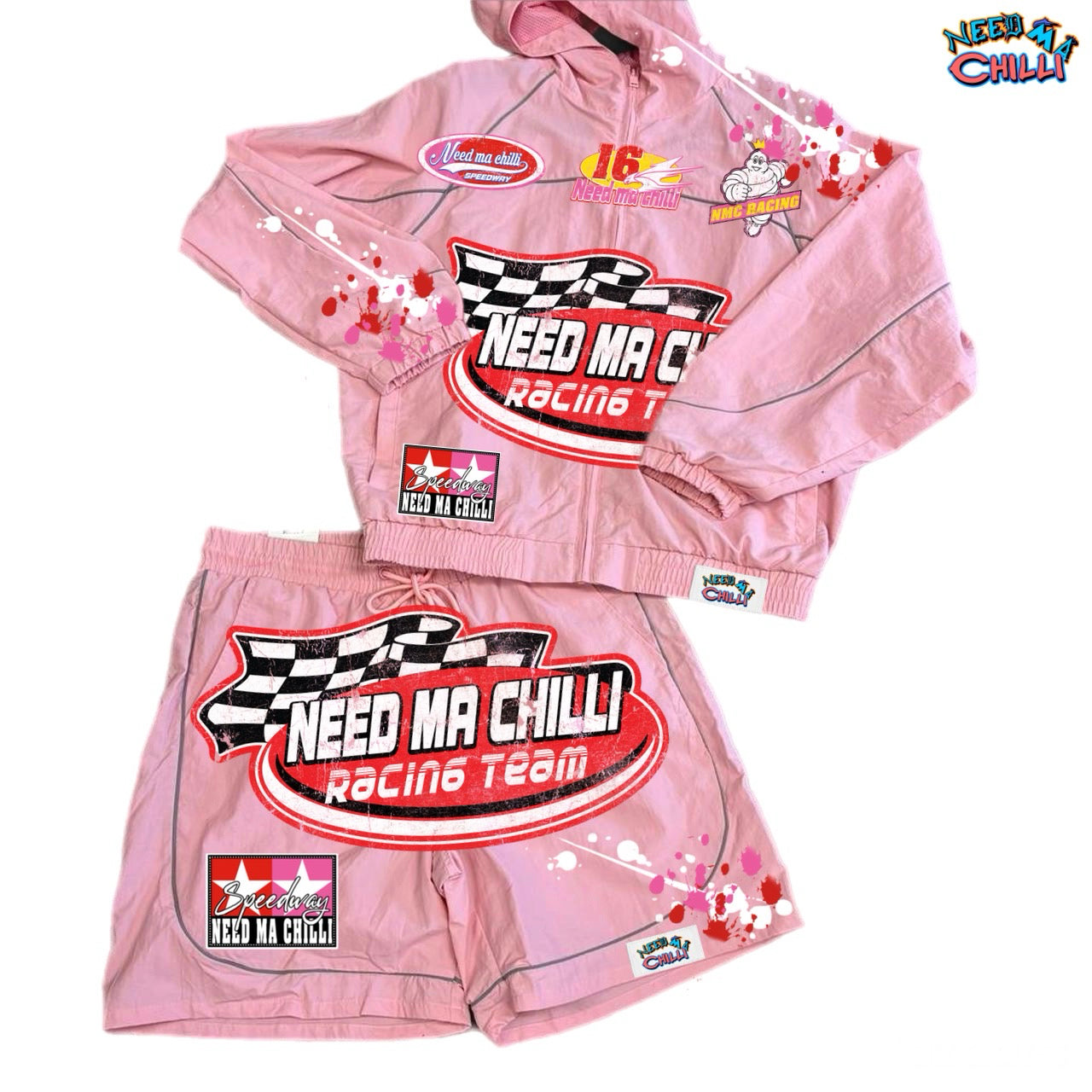 “ NMC Racing “ Pink WindBreaker Shorts Set With Paint Splat