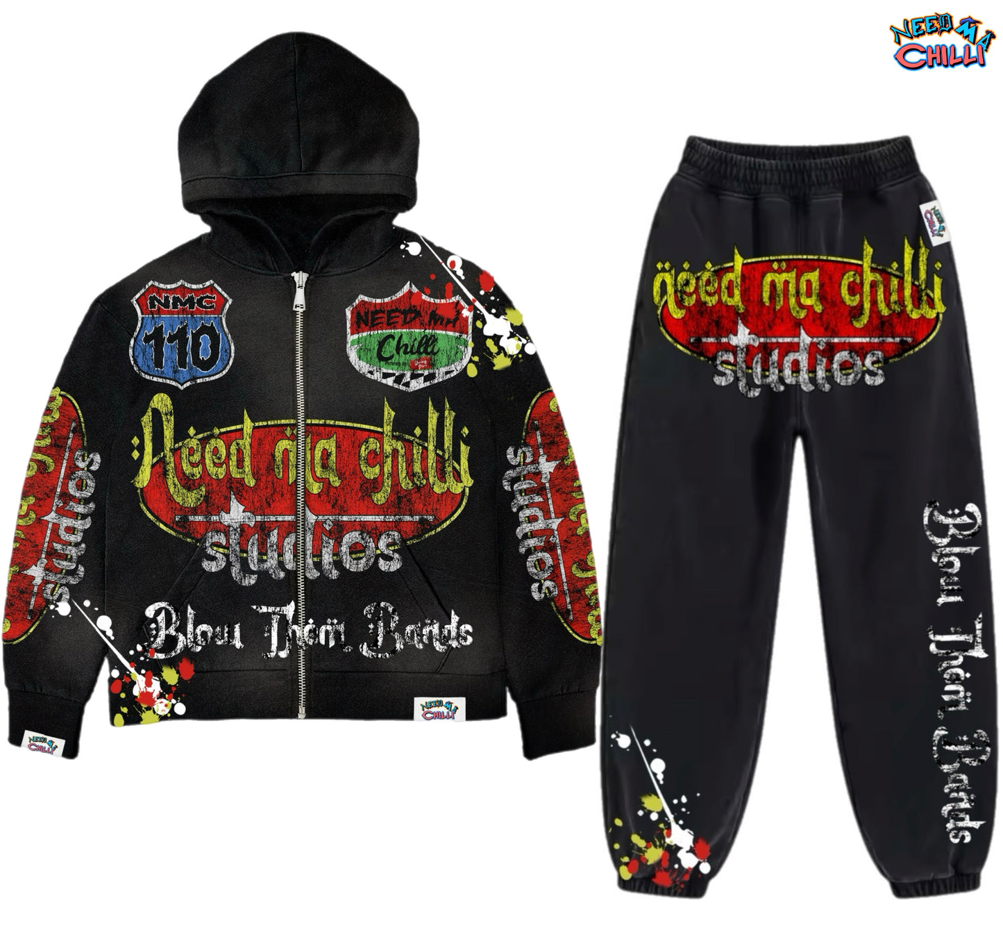 “ BLOW THEM BANDS “ Black Washed Zip-Up SweatSuit