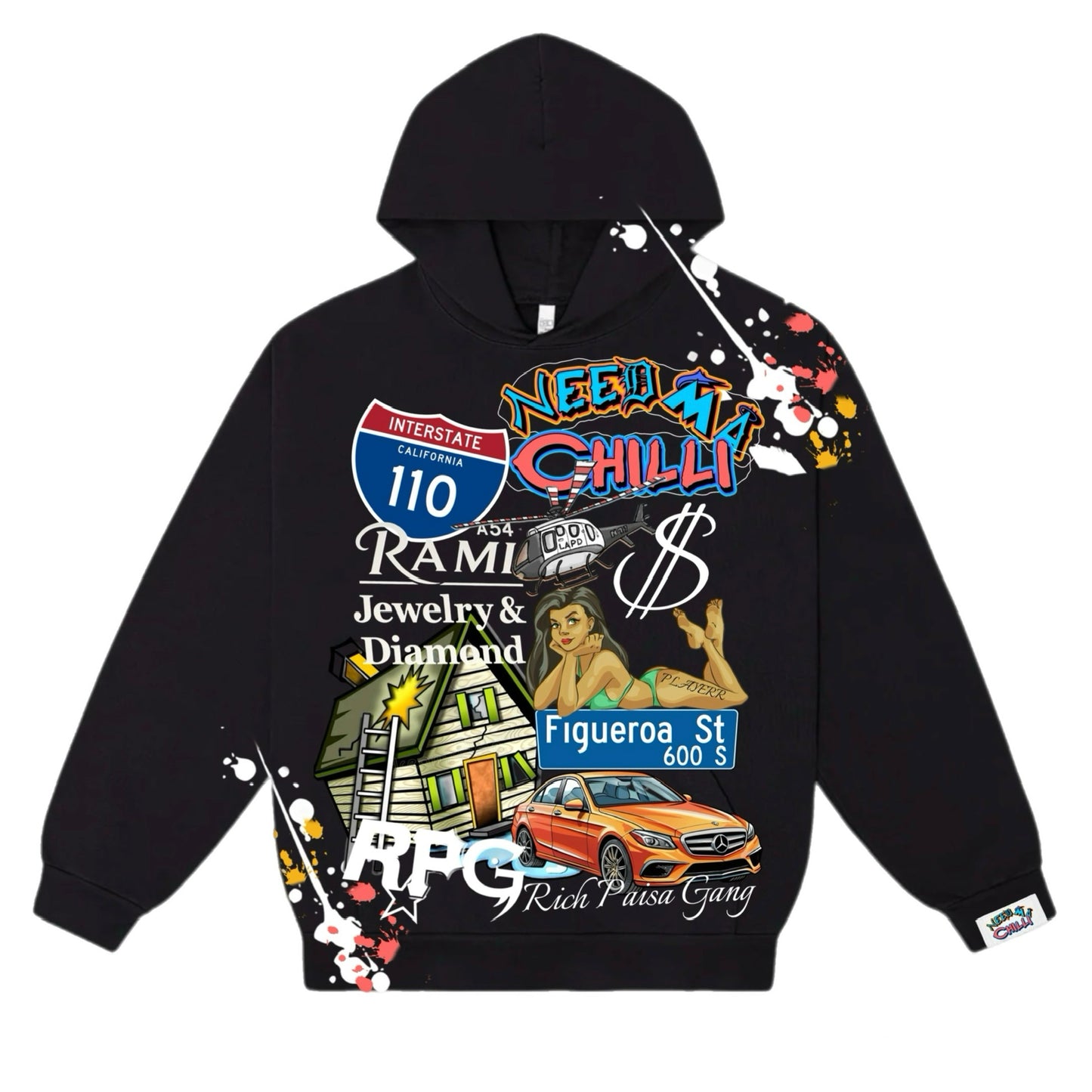 Black “ RPG Fig St “ Collab Hoodie With Paint Splat