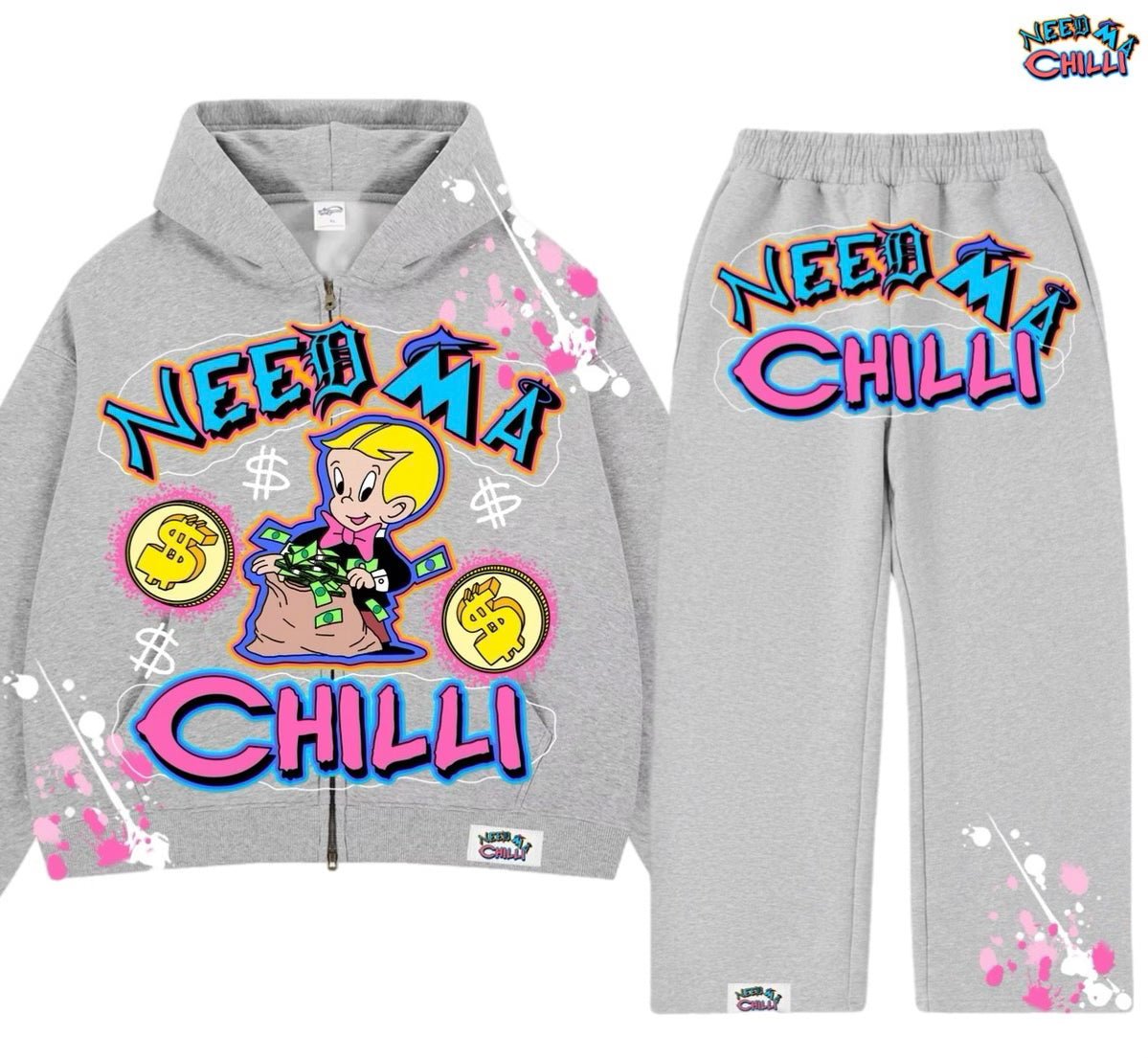 “ OG BILLIONAIRE BOY “ GREY ZIP-UP SWEATSUIT WITH PAINT SPLAT